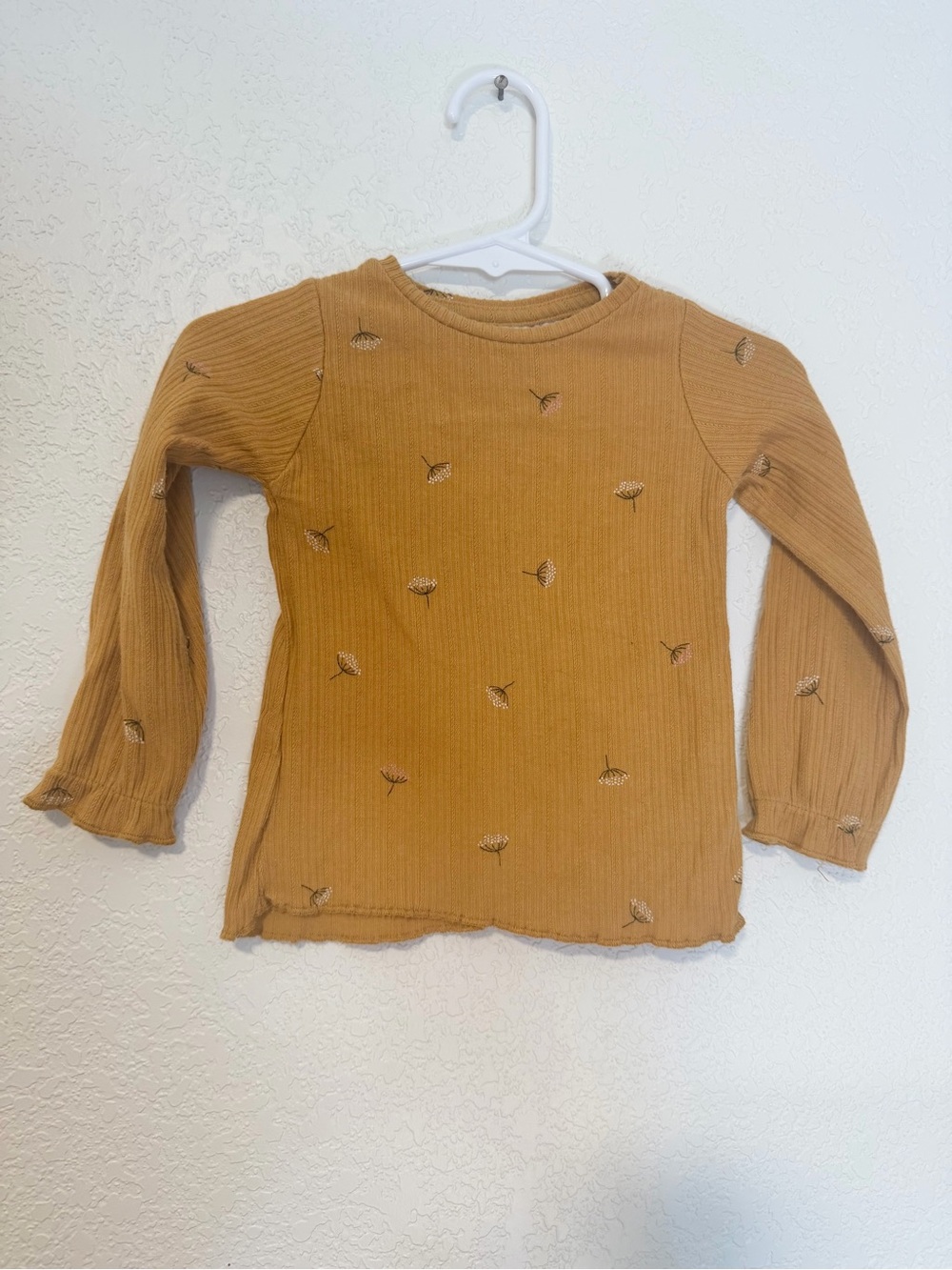 Zara Mustard Yellow Ribbed Cotton Flower Long Sleeve Top Shirt 6-9 Months